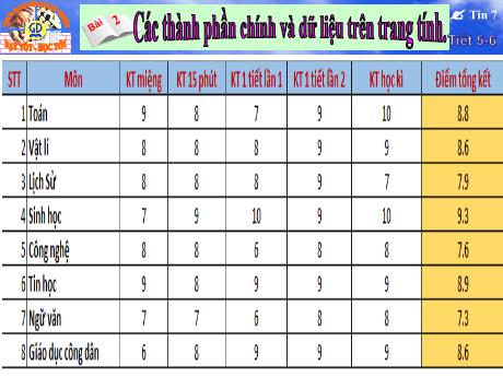 Bài giảng Tin học 7 - Tiết 5 + 6. Bài 2: Các thành phần chính và dữ liệu trên trang tính