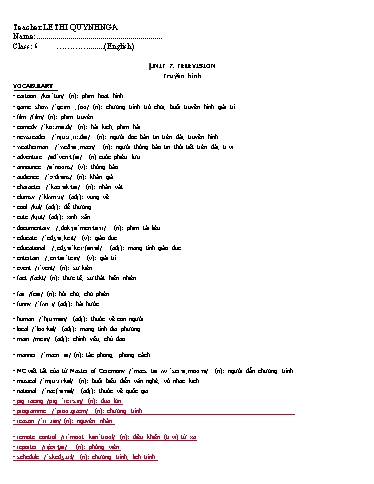 Đề cương ôn tập môn Tiếng Anh 6 - Tuần 1 - Năm học 2019-2020 - Lê Thị Quỳnh Nga