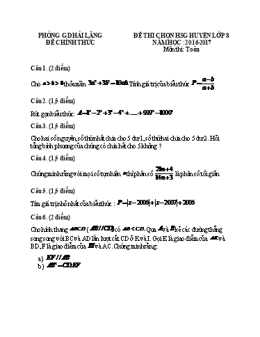 Đề thi chọn Học sinh giỏi cấp Huyện môn Toán 8 - Năm học 2016-2017 - Phòng GD&ĐT Hải Lăng (Có đáp án)