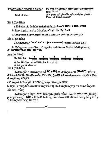 Đề thi chọn Học sinh giỏi cấp Huyện môn Toán 8 - Năm học 2018-2019 (Có đáp án)