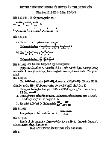 Đề thi chọn Học sinh giỏi cấp Huyện môn Toán Khối 8 - Năm học 2013-2014 (Có đáp án)