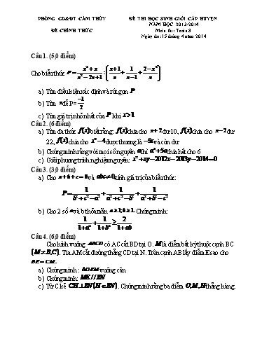 Đề thi Học sinh giỏi cấp Huyện môn Toán 8 - Năm học 2013-2014 - Phòng GD&ĐT Cẩm Thủy (Có đáp án)