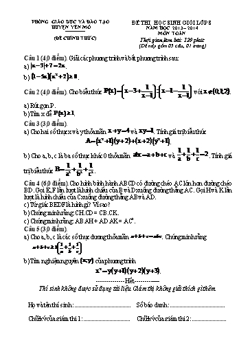 Đề thi Học sinh giỏi môn Toán 8 - Năm học 2013-2014 - Phòng GD&ĐT huyện Yên Mô (Có đáp án)