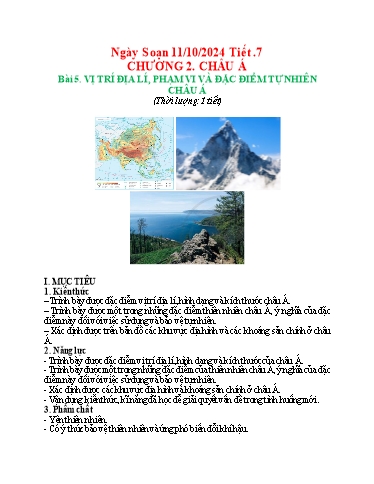 Kế hoạch bài dạy Địa lí 7 - Tiết 7. Bài 5: Vị trí địa lí, phạm vi và đặc điểm tự nhiên châu Á