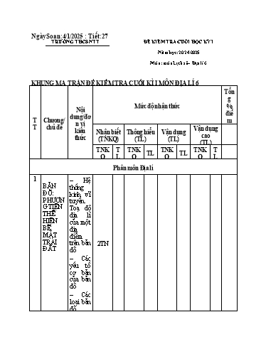 Kế hoạch bài dạy Lịch sử & Địa lí 6 - Tiết 27: Kiểm tra cuối học kỳ I - Năm học 2024-2025 - Trường THCS Nguyễn Tuấn Thiện