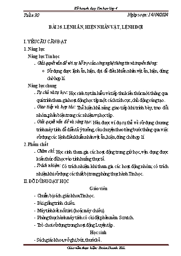 Kế hoạch bài dạy Tin học 4 - Tuần 31. Bài 25: Lệnh ẩn, hiện nhân vật, lệnh đợi - Năm học 2023-2024 - Đoàn Thanh Hải