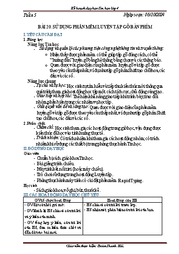 Kế hoạch bài dạy Tin học 4 - Tuần 5. Bài 20: Sử dụng phần mềm luyện gõ bàn phím - Năm học 2024-2025 - Đoàn Thanh Hải