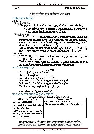 Kế hoạch bài dạy Tin học 4 - Tuần 6. Bài 5: Thông tin trên trang web - Năm học 2024-2025 - Đoàn Thanh Hải