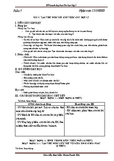 Kế hoạch bài dạy Tin học 5 - Tuần 7. Bài 7: Tạo thư mục với cấu trúc cây hợp lí - Năm học 2023-2024 - Đoàn Thanh Hải