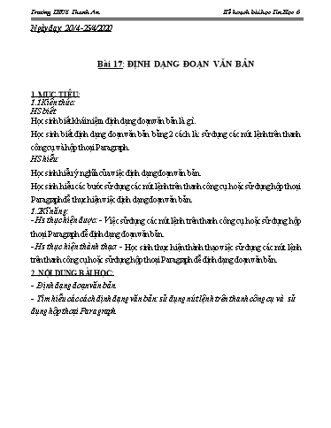 Kế hoạch bài dạy Tin học 6 - Bài 17: Định dạng đoạn văn bản - Trường THCS Thanh An